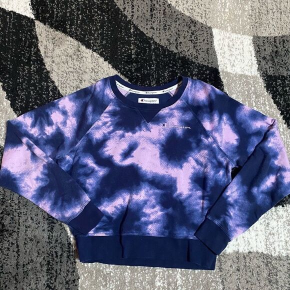 CHAMPION Ladies Small Sweatshirt Purple Cloud Burst TieDye French Terry Crop - Picture 1 of 4